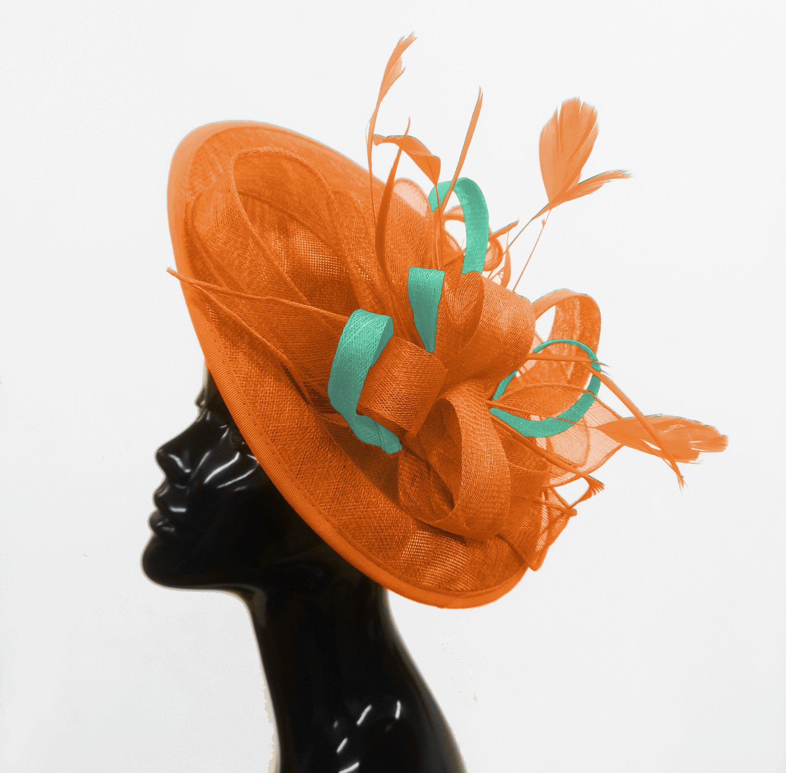 Caprilite Big Saucer Sinamay Orange & Light Turquoise Mixed Colour Fascinator On Headband