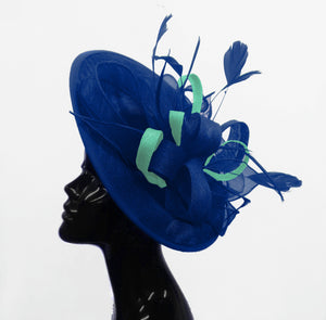 Caprilite Big Saucer Sinamay Royal Blue & Light Turquoise Mixed Colour Fascinator On Headband