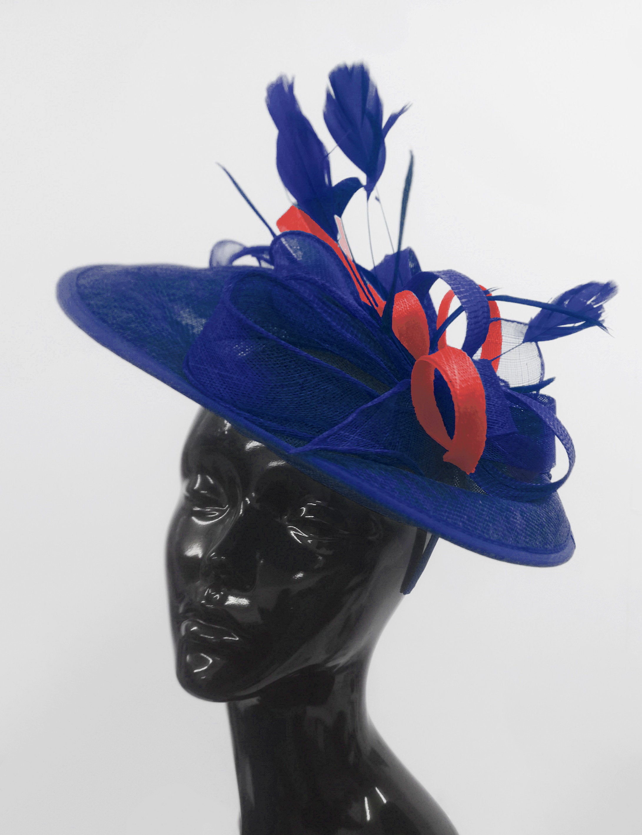 Caprilite Big Saucer Sinamay Royal Blue & Red Mixed Colour Fascinator On Headband