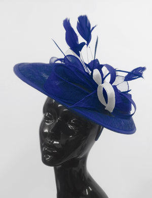 Caprilite Big Saucer Sinamay Royal Blue & White Mixed Colour Fascinator On Headband