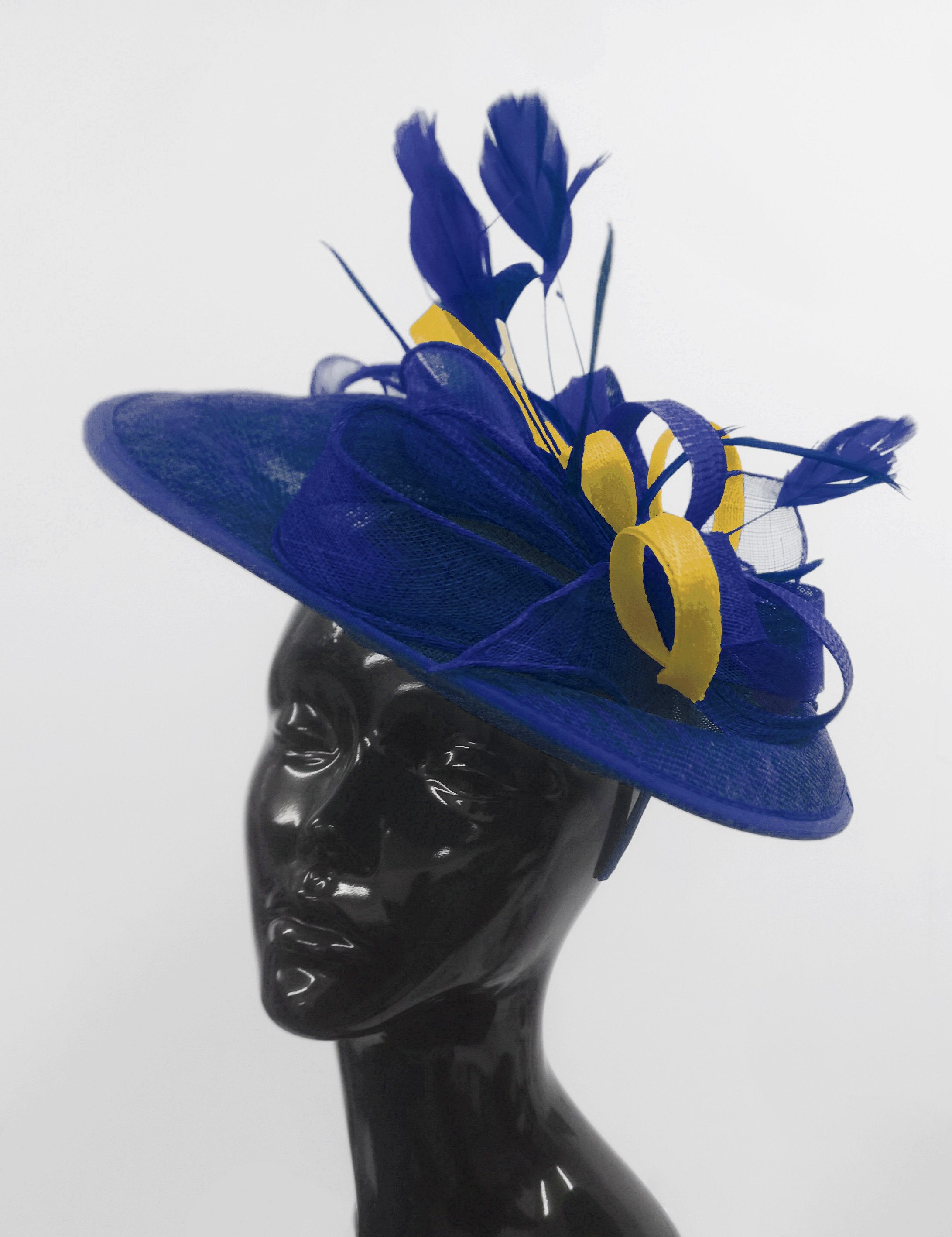 Caprilite Big Saucer Sinamay Royal Blue & Yellow Mixed Colour Fascinator On Headband