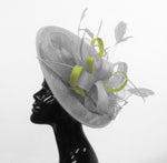 Caprilite Big Saucer Sinamay Silver Grey & Lime Green Mixed Colour Fascinator On Headband