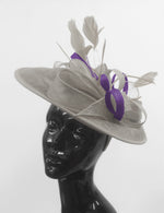 Caprilite Big Saucer Sinamay Silver Grey & Dark Purple Mixed Colour Fascinator On Headband