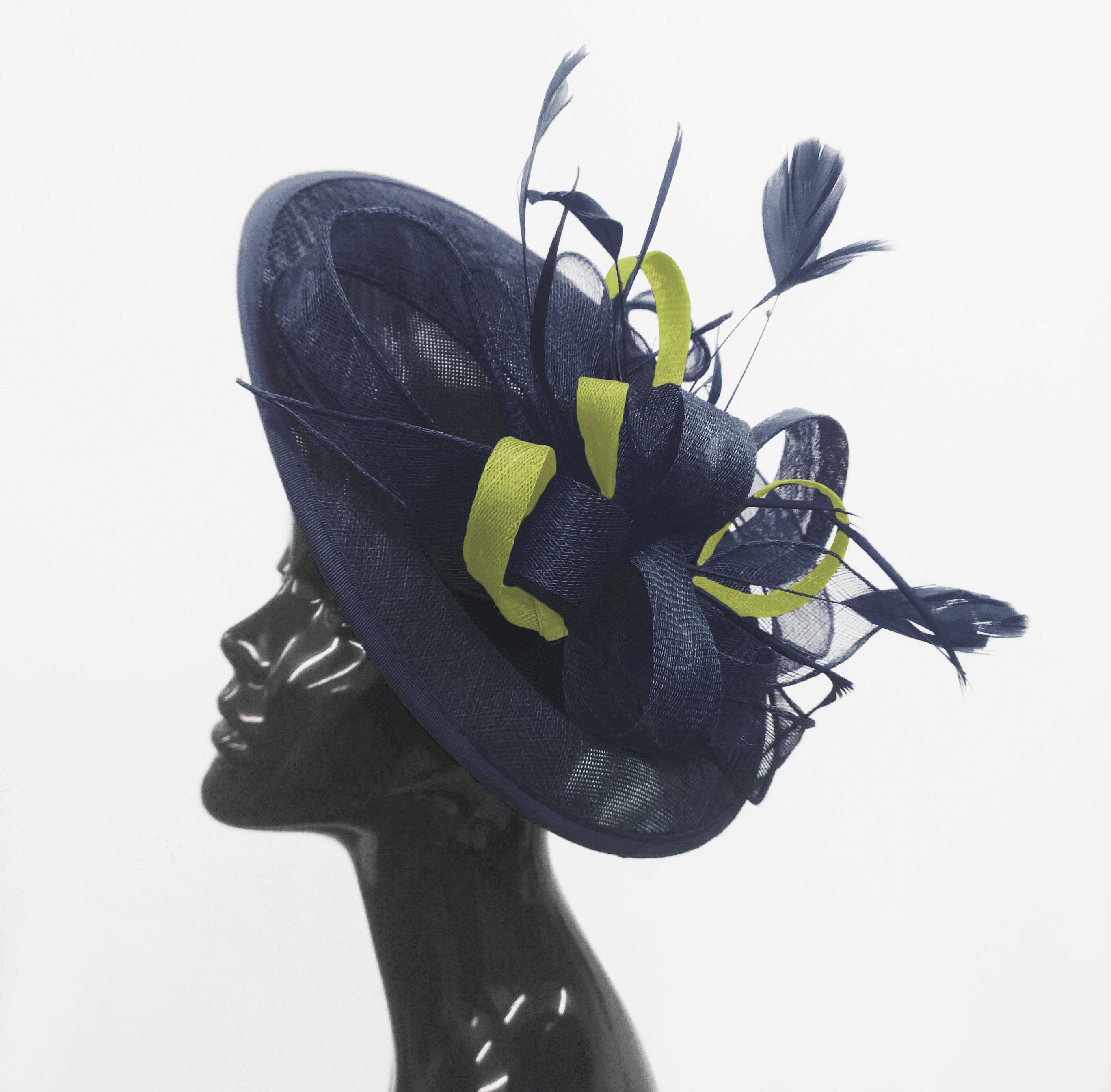 Caprilite Big Saucer Sinamay Navy Blue & Lime Green Mixed Colour Fascinator On Headband