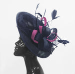 Caprilite Big Saucer Sinamay Navy Blue & Plum Mixed Colour Fascinator On Headband