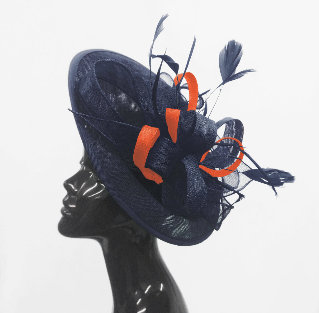 Caprilite Big Saucer Sinamay Navy Blue & Orange Mixed Colour Fascinator On Headband