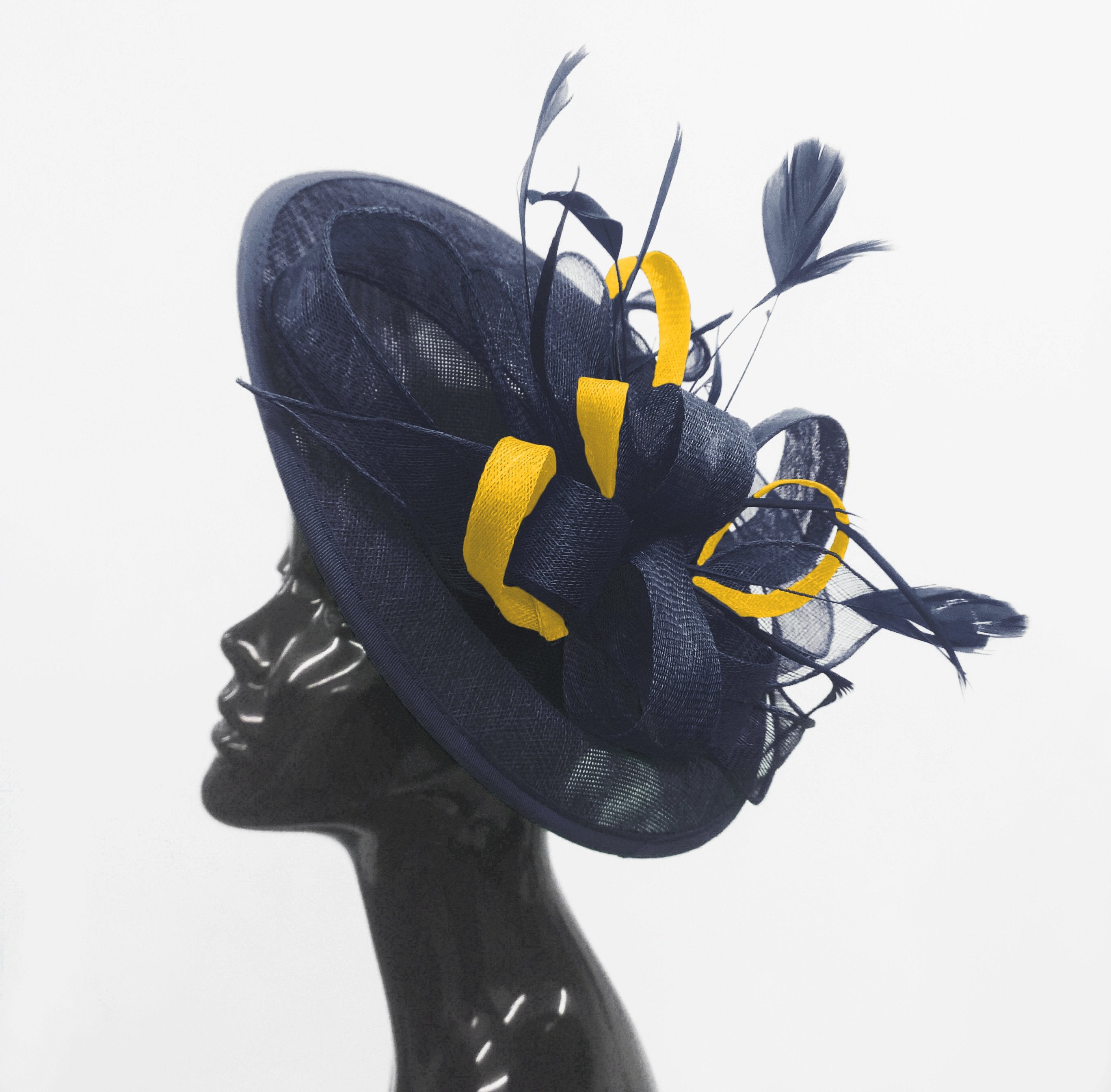 Caprilite Big Saucer Sinamay Navy Blue & Yellow Mixed Colour Fascinator On Headband