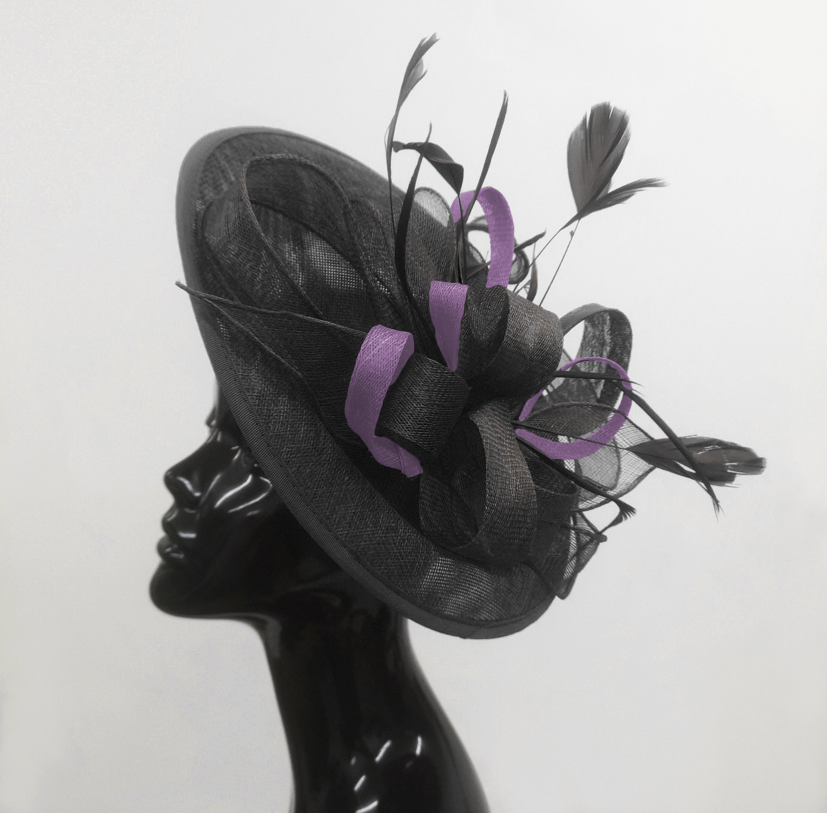 Caprilite Big Saucer Sinamay Black & Lavender Purple Mixed Colour Fascinator On Headband