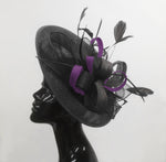 Caprilite Big Saucer Sinamay Black & Dark Purple Mixed Colour Fascinator On Headband