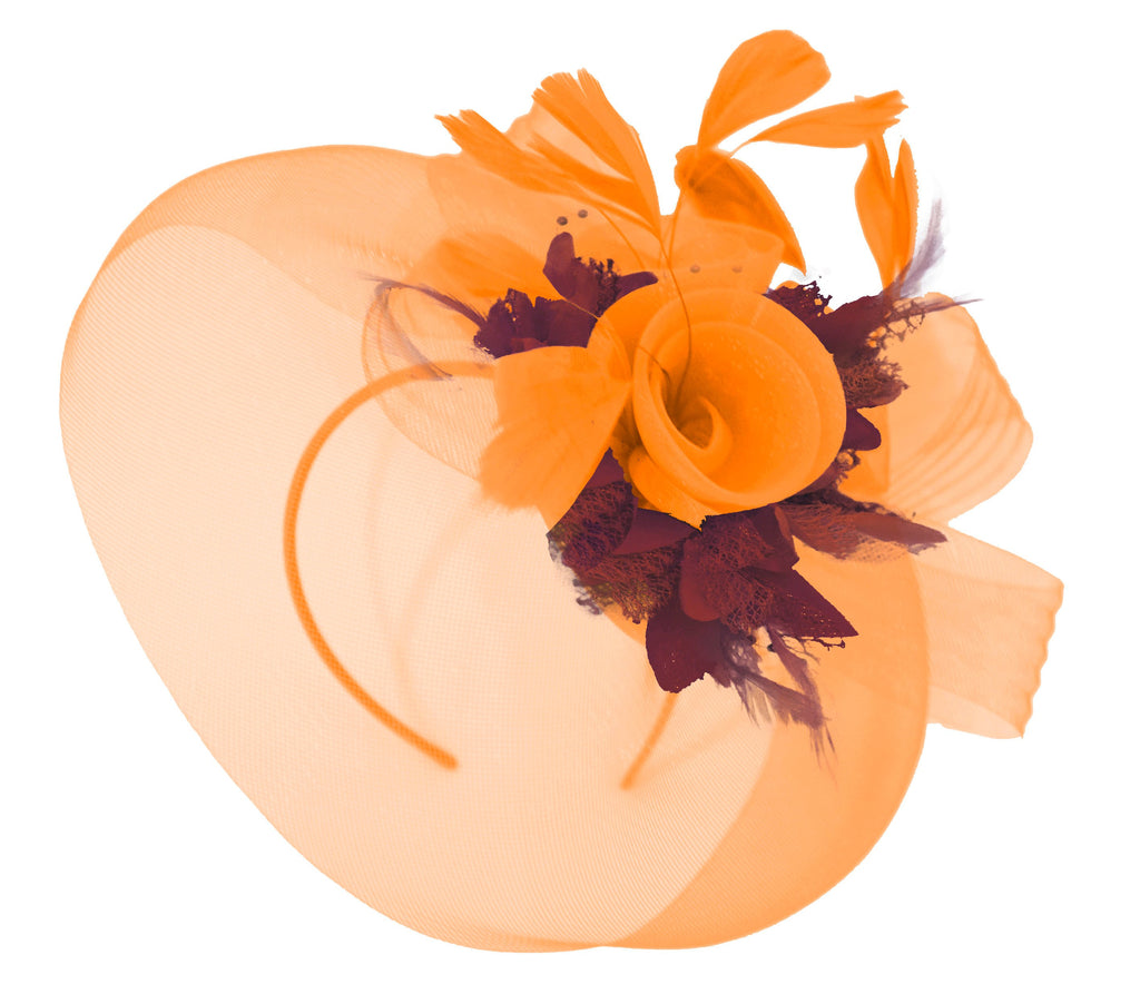 Caprilite Orange and Burgundy Fascinator Hat Veil Net Hair Clip Ascot Derby Races Wedding Headband Feather Flower