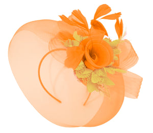 Caprilite Orange and Beige Fascinator Hat Veil Net Hair Clip Ascot Derby Races Wedding Headband Feather Flower