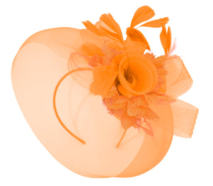 Caprilite Orange and Orange Fascinator Hat Veil Net Hair Clip Ascot Derby Races Wedding Headband Feather Flower