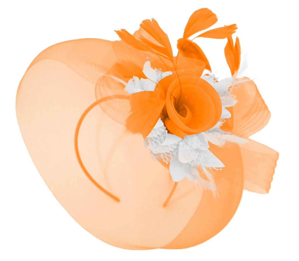 Caprilite Orange and White  Fascinator Hat Veil Net Hair Clip Ascot Derby Races Wedding Headband Feather Flower