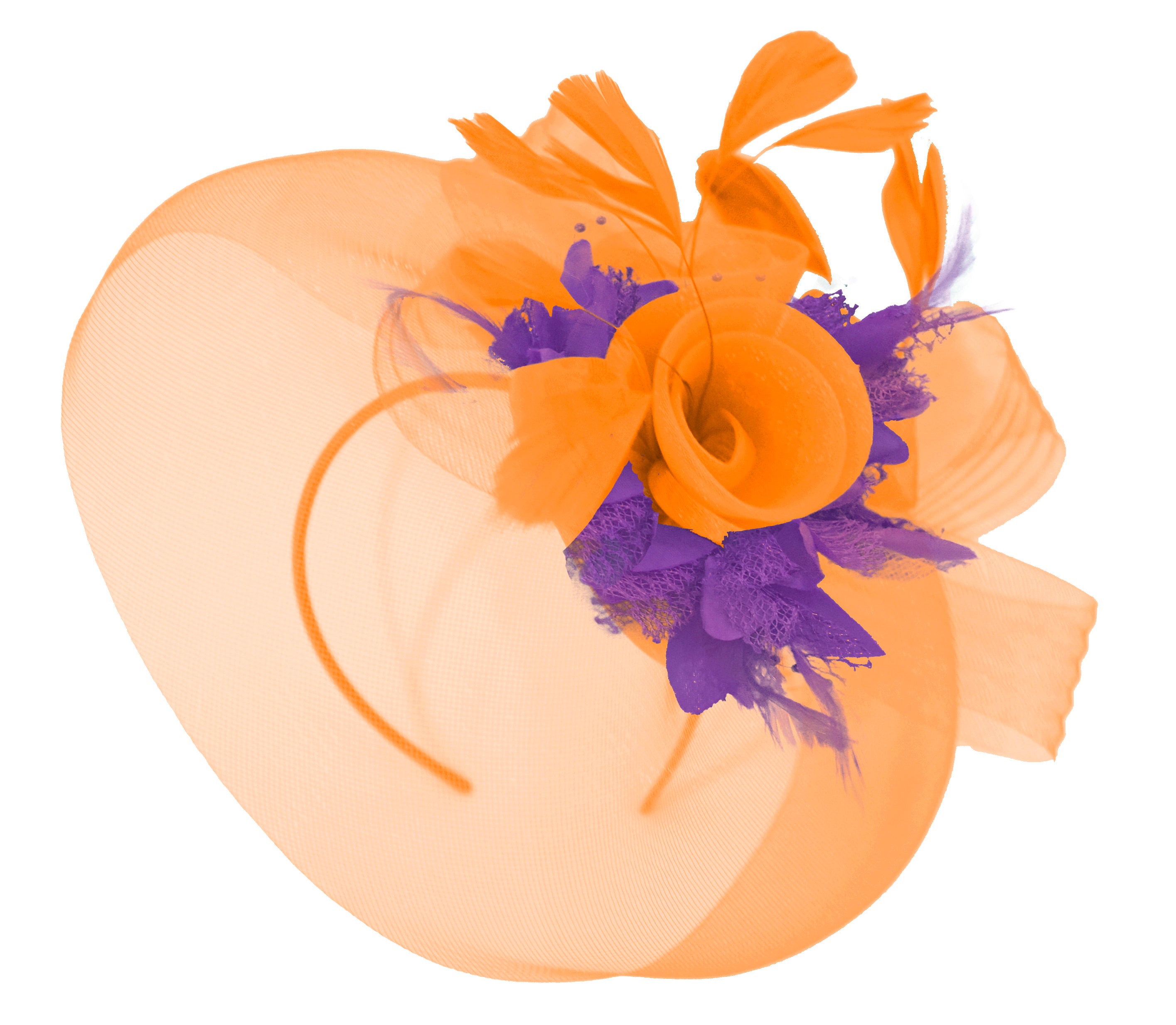 Caprilite Orange and Cadbury Purple Fascinator Hat Veil Net Hair Clip Ascot Derby Races Wedding Headband Feather Flower