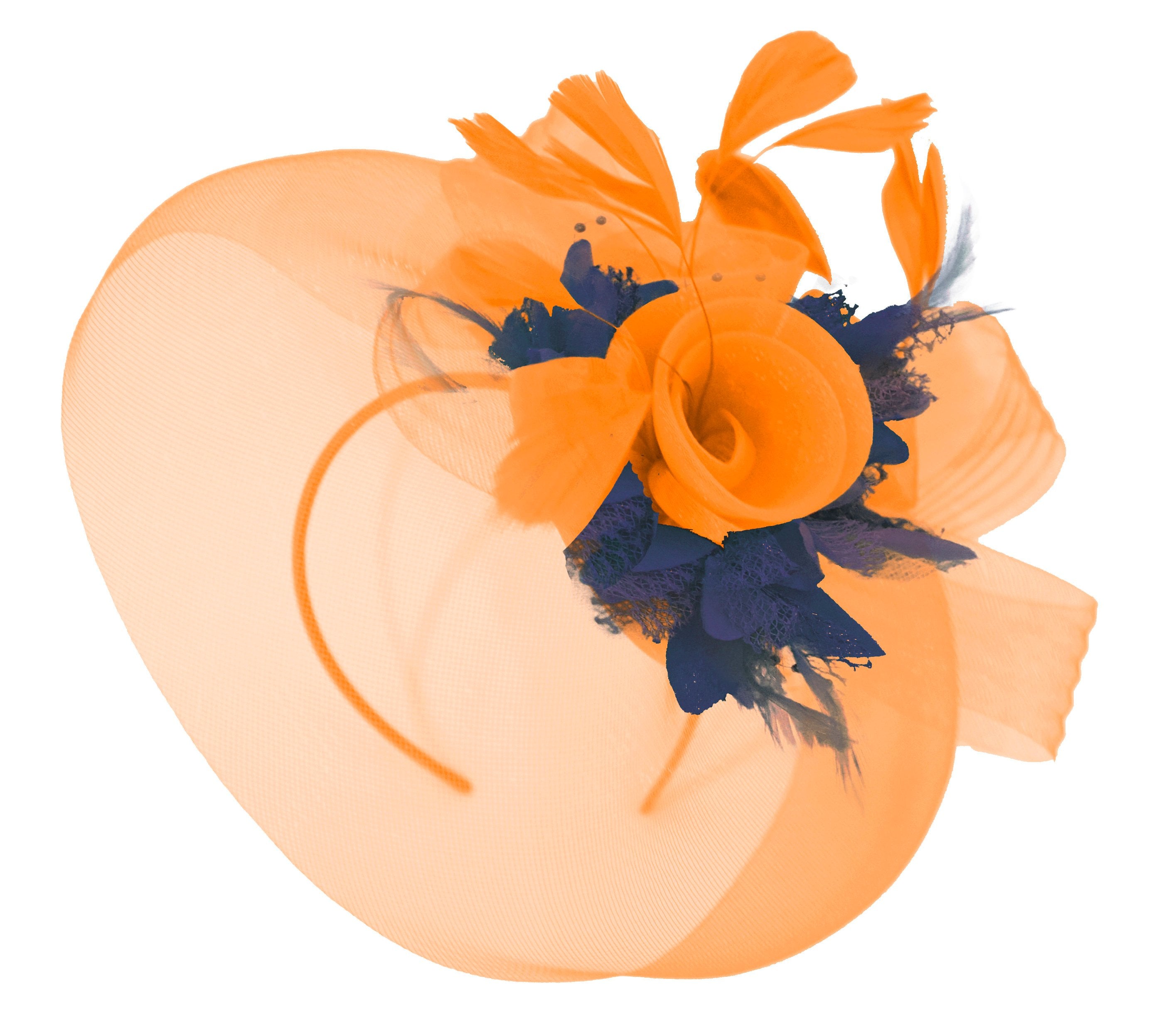 Caprilite Orange and Navy Fascinator Hat Veil Net Hair Clip Ascot Derby Races Wedding Headband Feather Flower