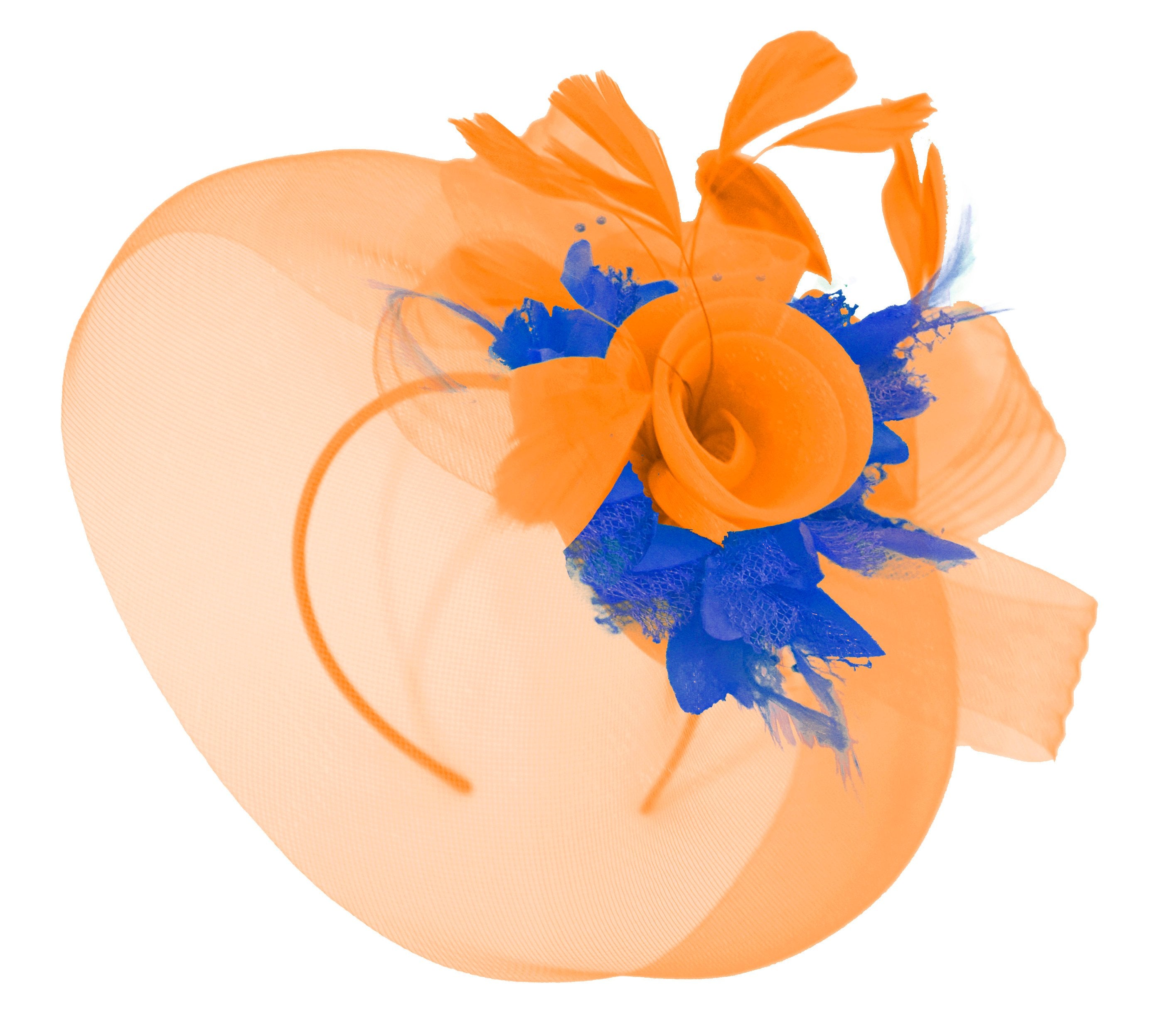 Caprilite Orange and Royal Blue Fascinator Hat Veil Net Hair Clip Ascot Derby Races Wedding Headband Feather Flower