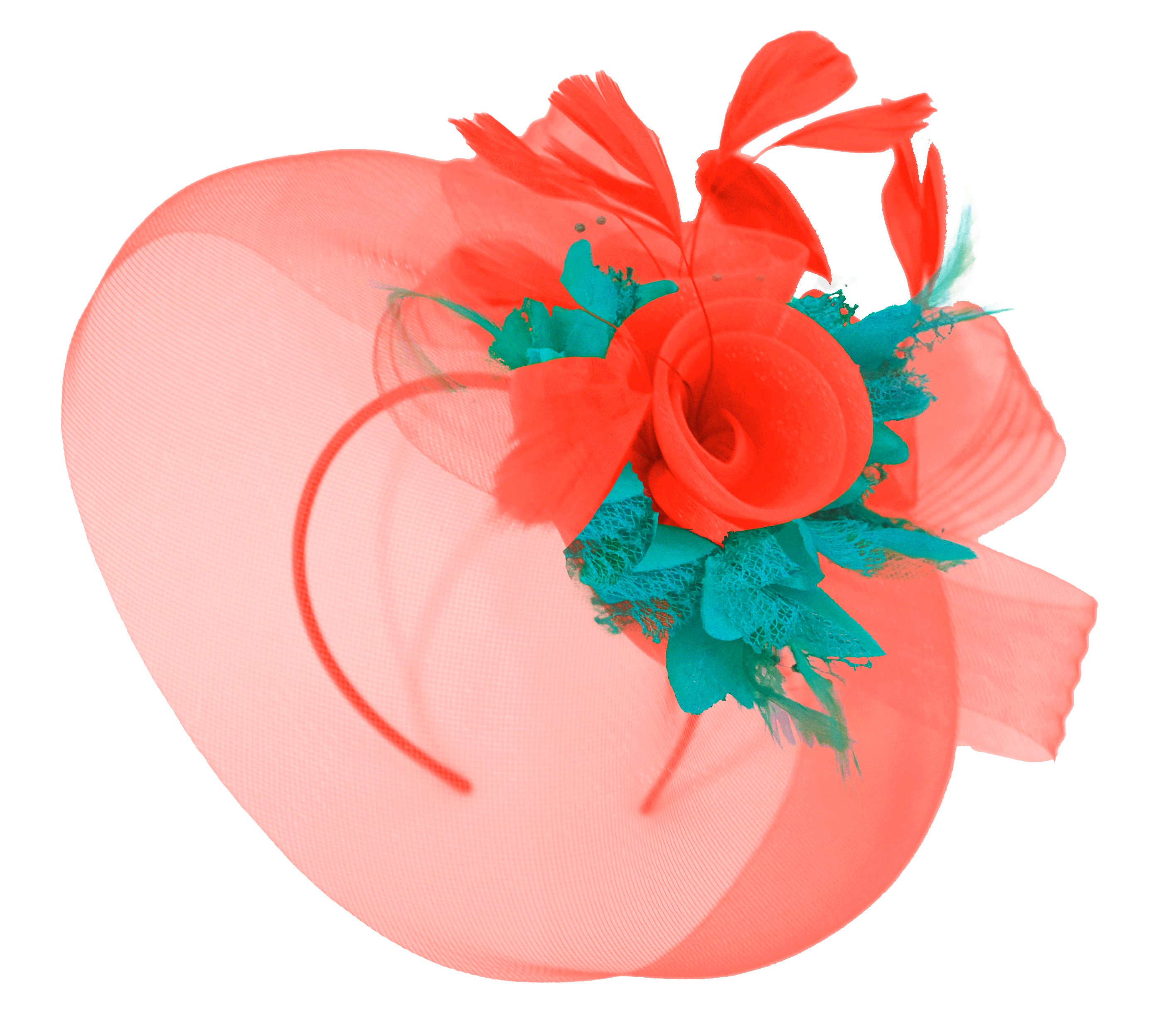 Caprilite Red and Teal  Fascinator on Headband Veil UK Wedding Ascot Races Hatinator