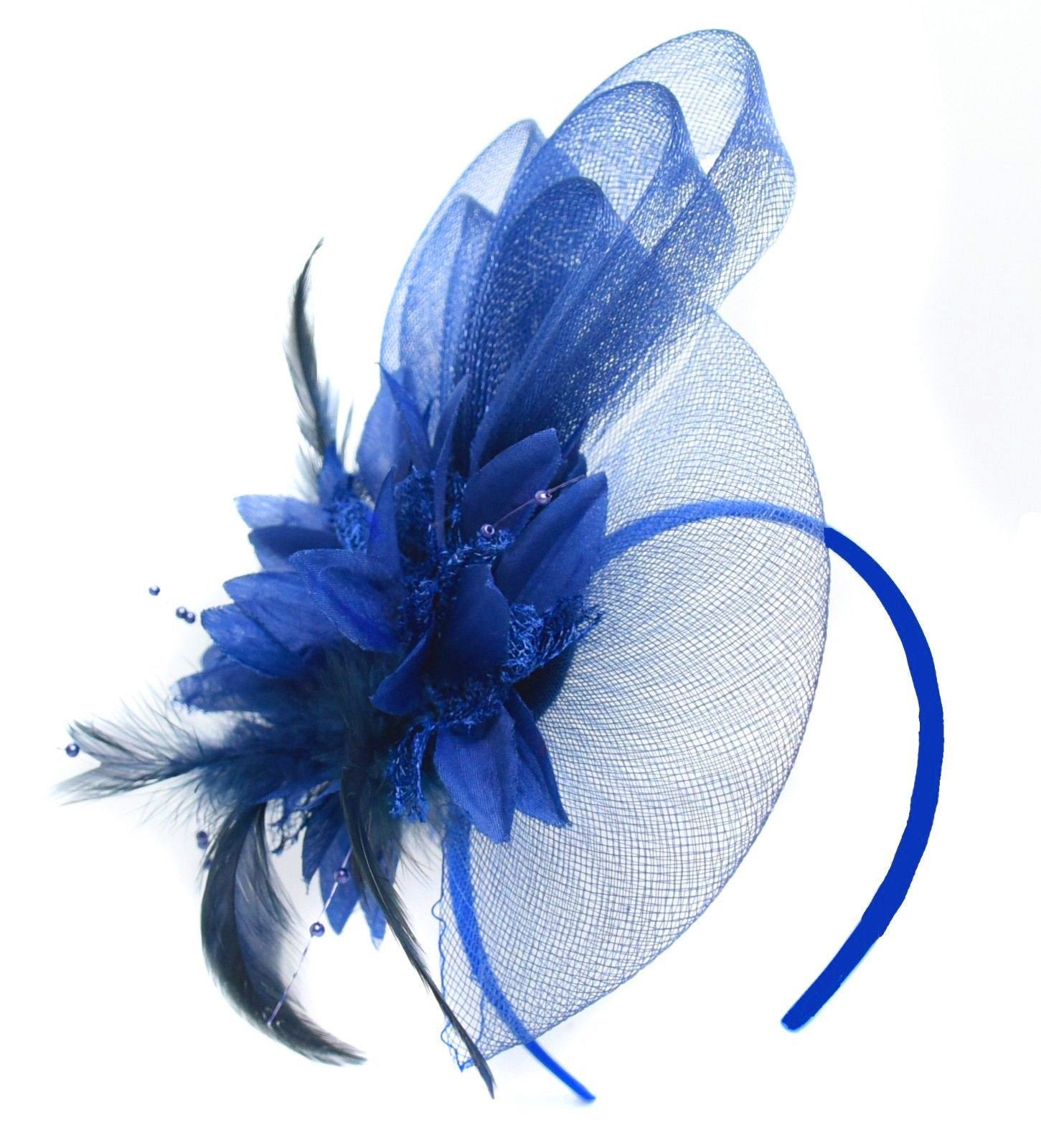 Caprilite Royal Blue Flower Veil Feathers Fascinator On Headband Wedding
