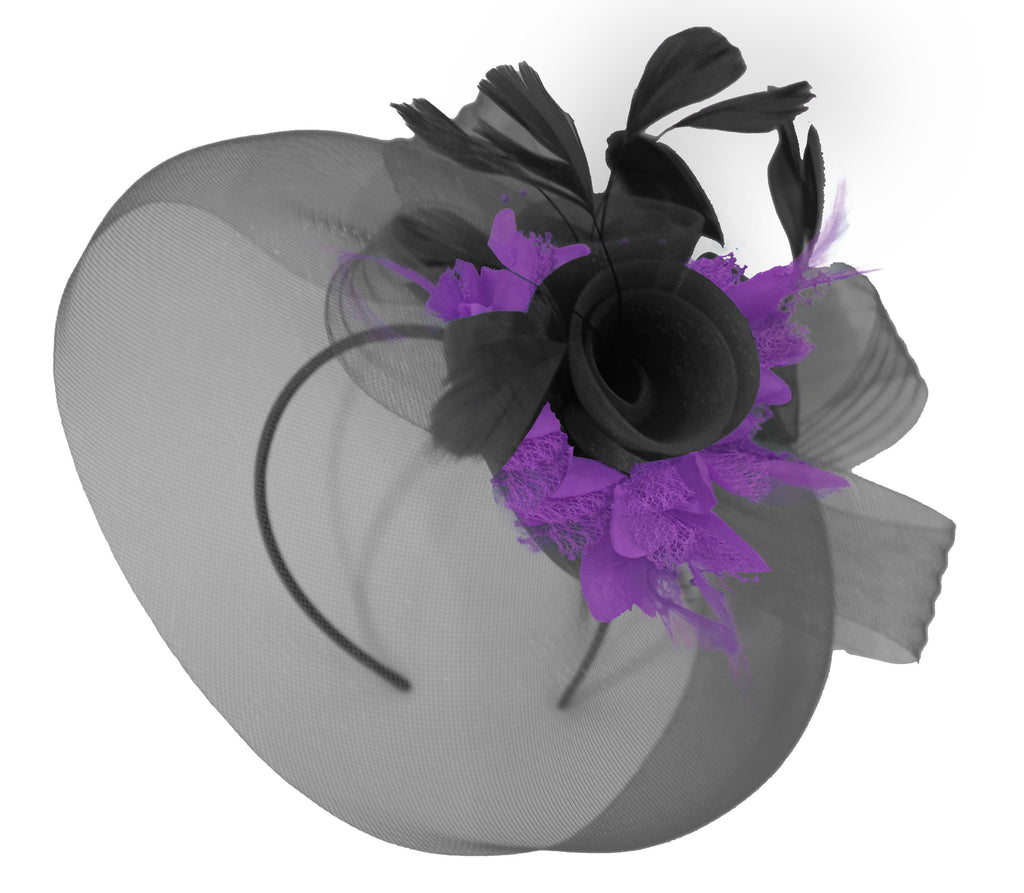 Caprilite Big Black and Cadbury Purple Fascinator Hat Veil Net Hair Clip Ascot Derby Races Wedding Headband Feather Flower