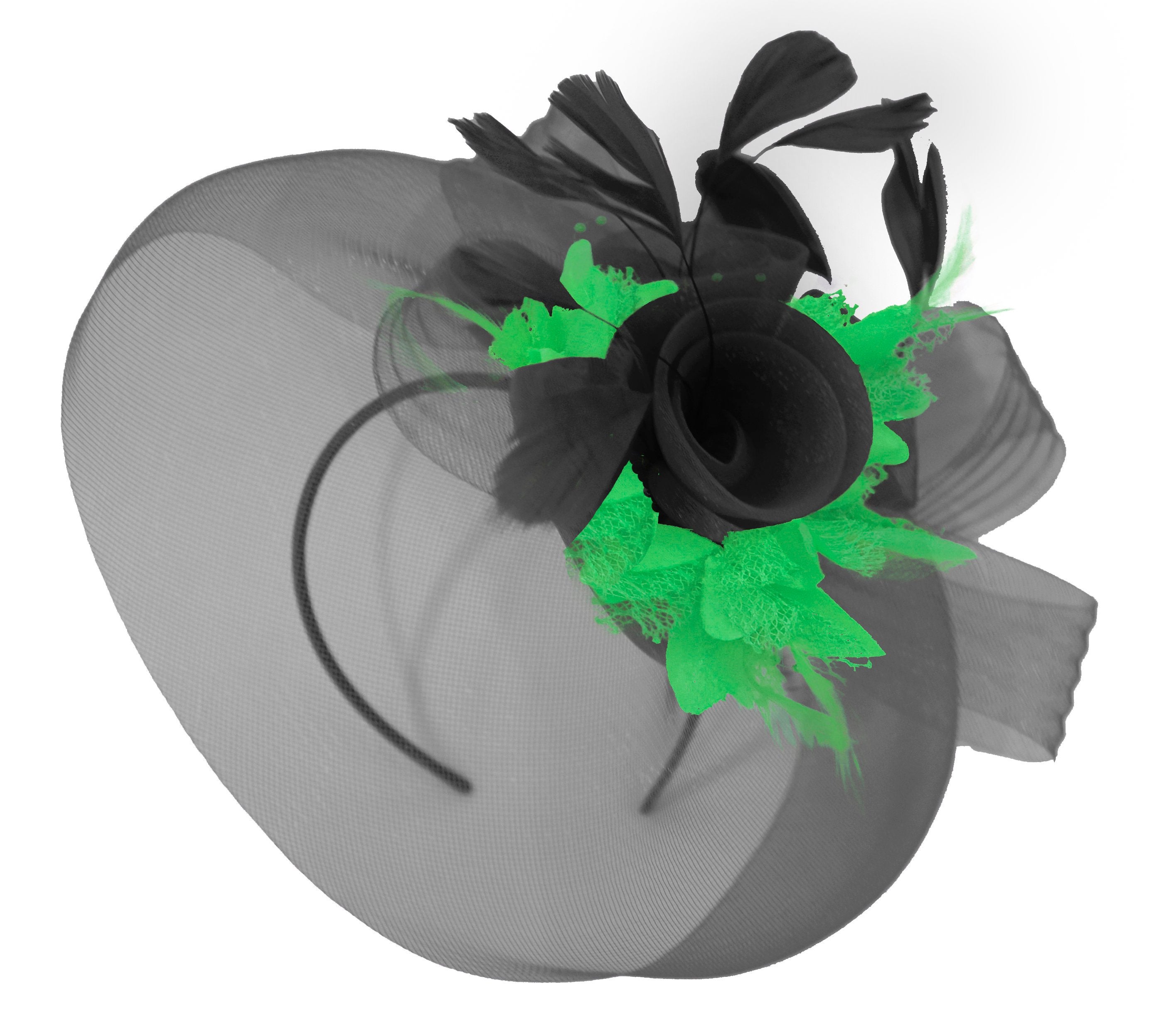 Caprilite Big Black and Jade Green Fascinator Hat Veil Net Hair Clip Ascot Derby Races Wedding Headband Feather Flower