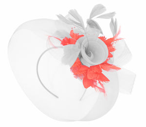 Caprilite White and Coral Fascinator on Headband Veil UK Wedding Ascot Races Hatinator