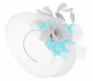 Caprilite White and light Aqua Fascinator on Headband Veil UK Wedding Ascot Races Hatinator