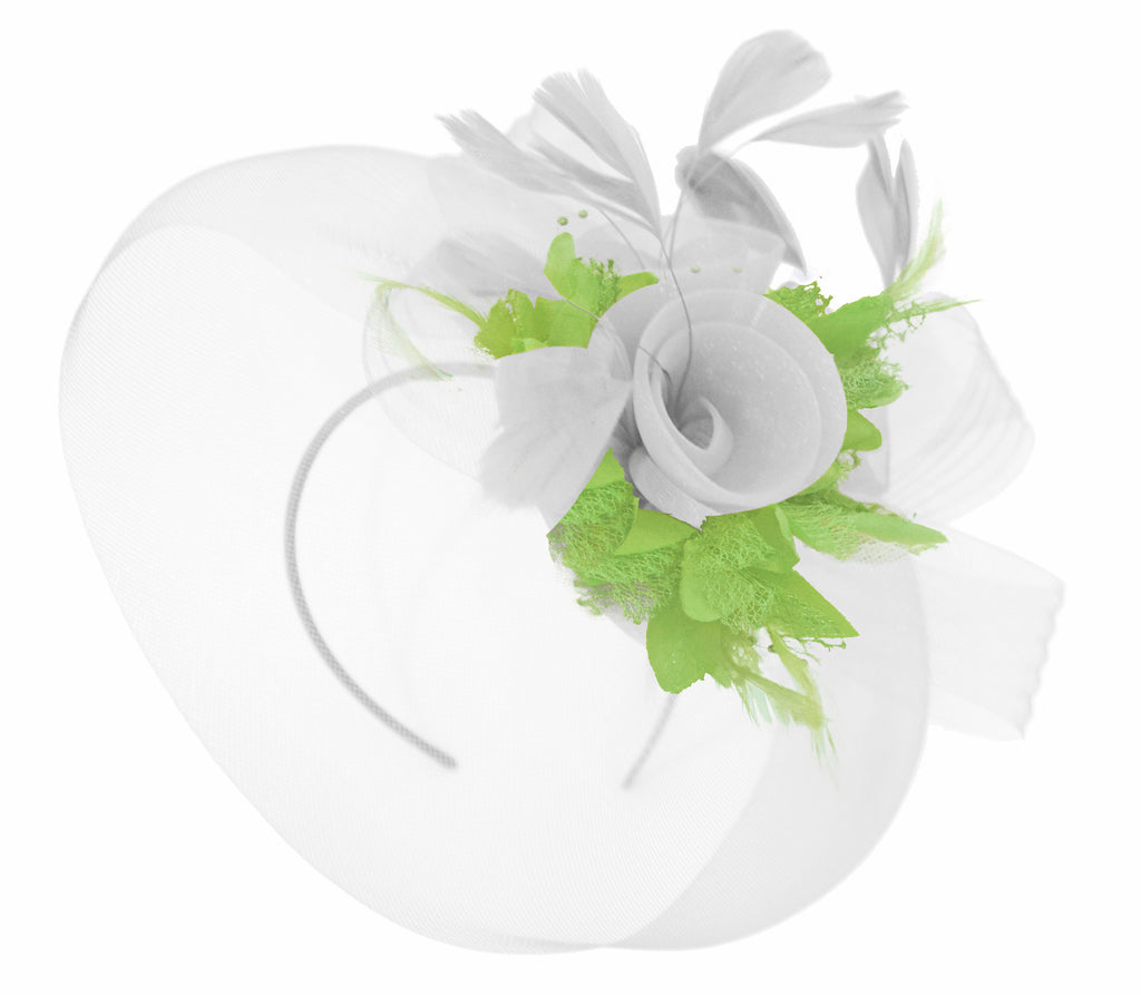 Caprilite White and lime Green Fascinator on Headband Veil UK Wedding Ascot Races Hatinator