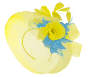 Caprilite Yellow and Aqua Fascinator on Headband Veil UK Wedding Ascot Races Hatinator