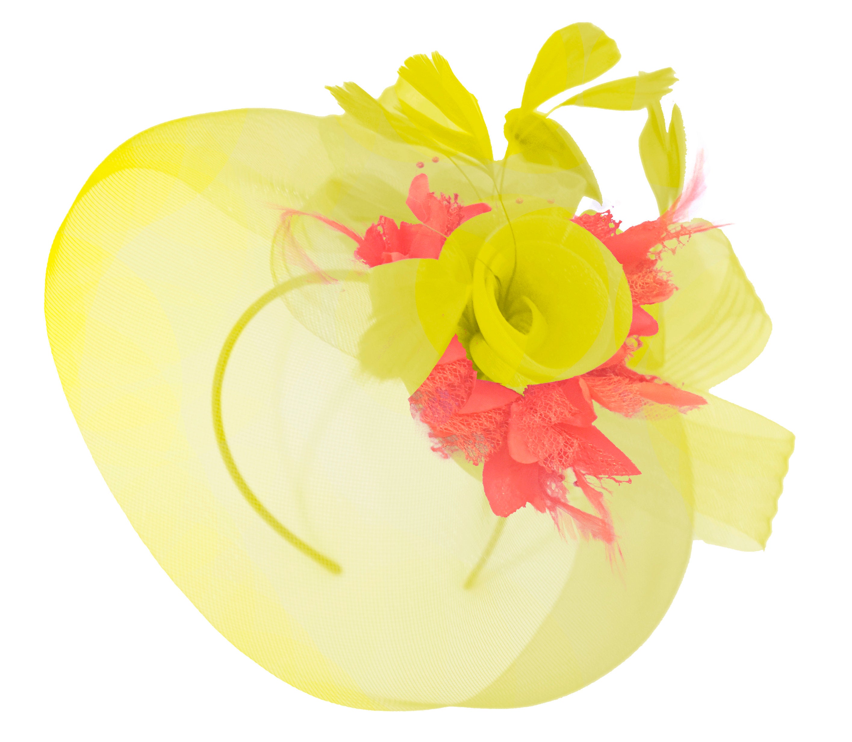 Caprilite Yellow and Coral Fascinator on Headband Veil UK Wedding Ascot Races Hatinator