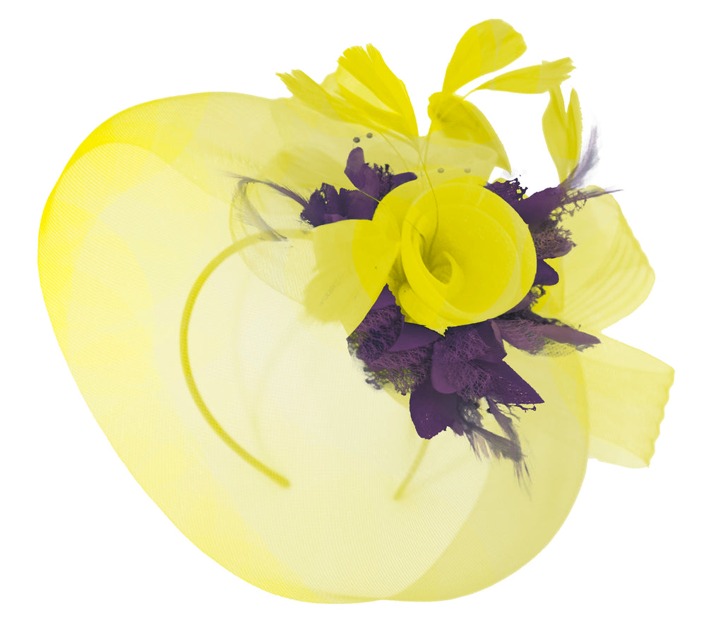 Caprilite Yellow and dark Purple Fascinator on Headband Veil UK Wedding Ascot Races Hatinator