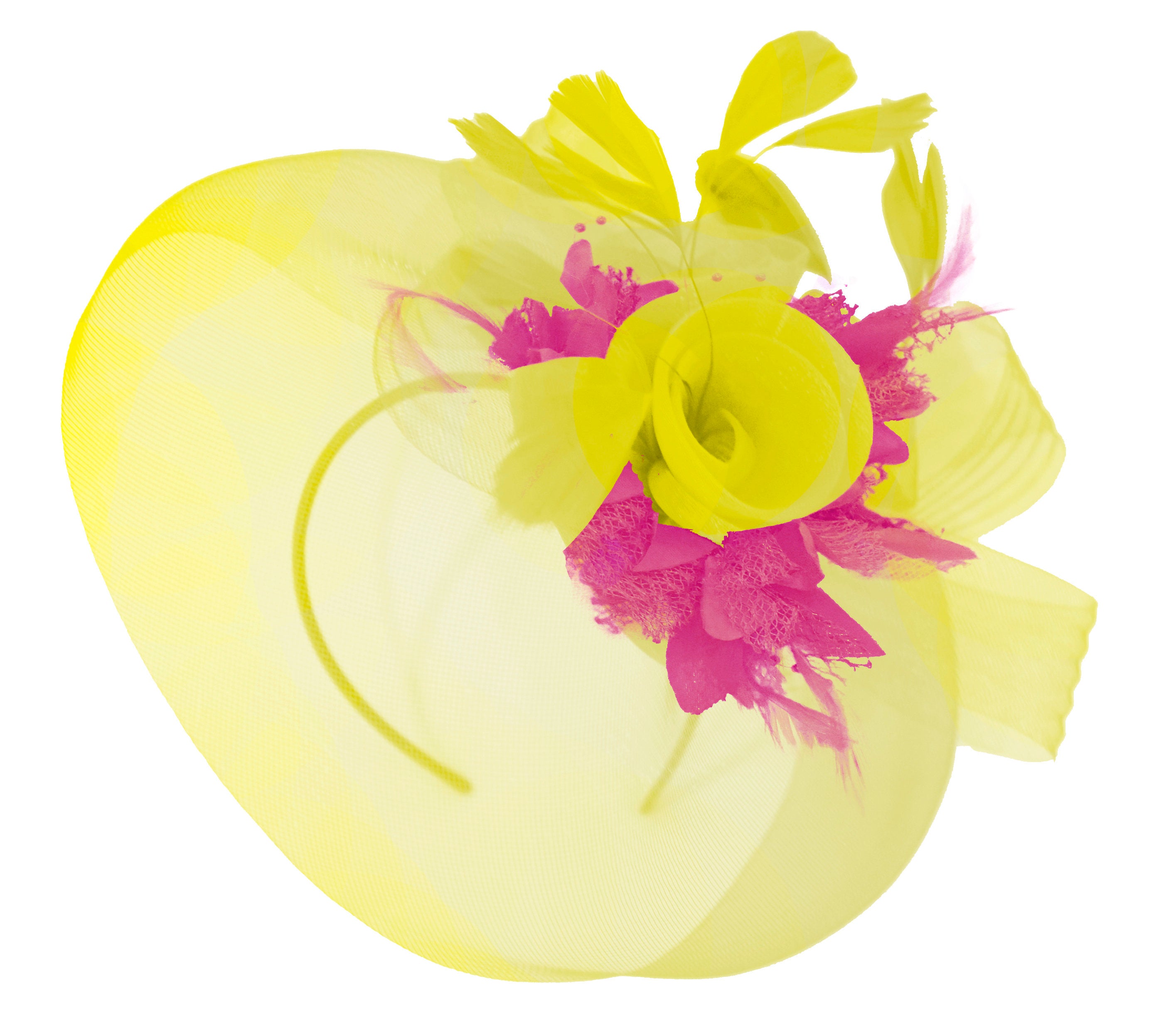 Caprilite Yellow and Fuchsia Fascinator on Headband Veil UK Wedding Ascot Races Hatinator