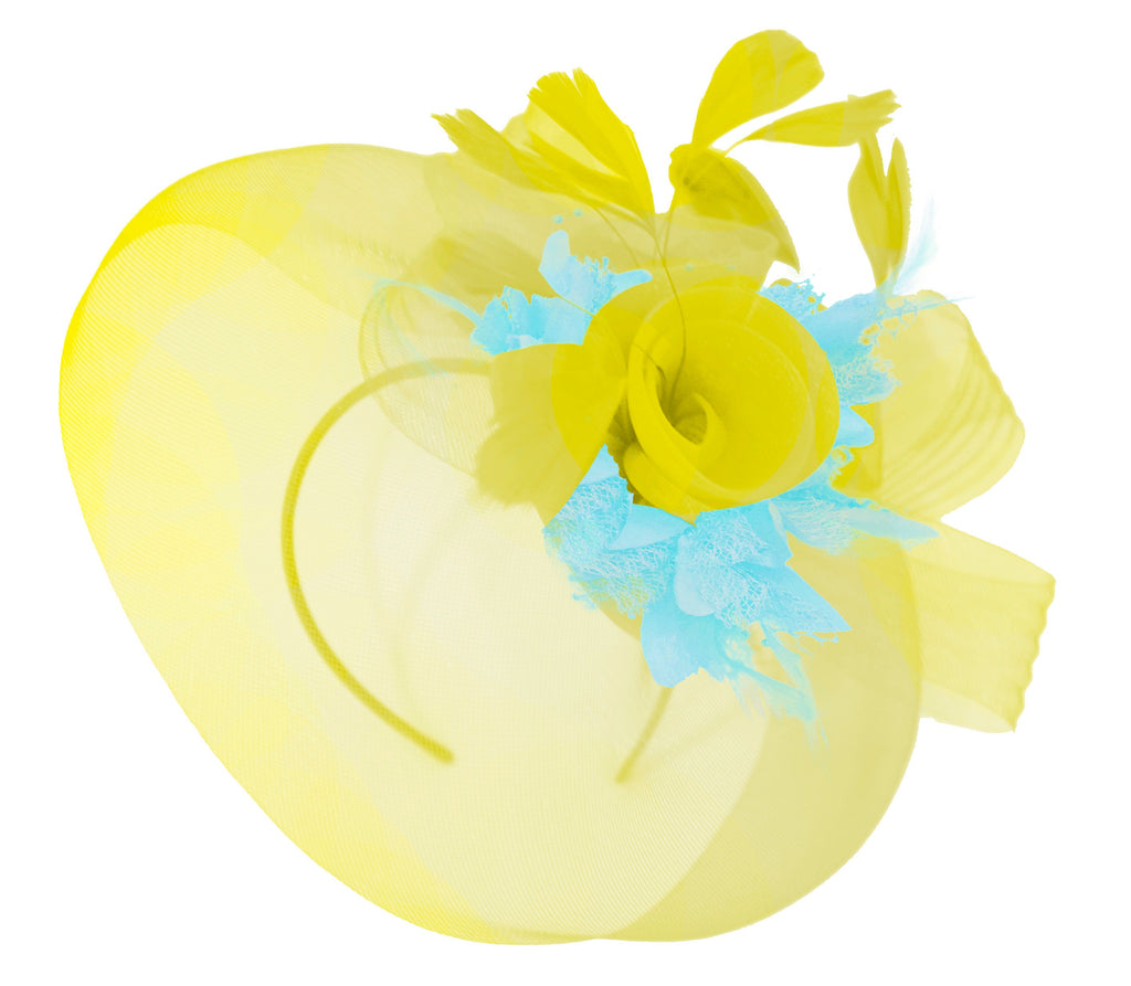 Caprilite Yellow and light Aqua Fascinator on Headband Veil UK Wedding Ascot Races Hatinator