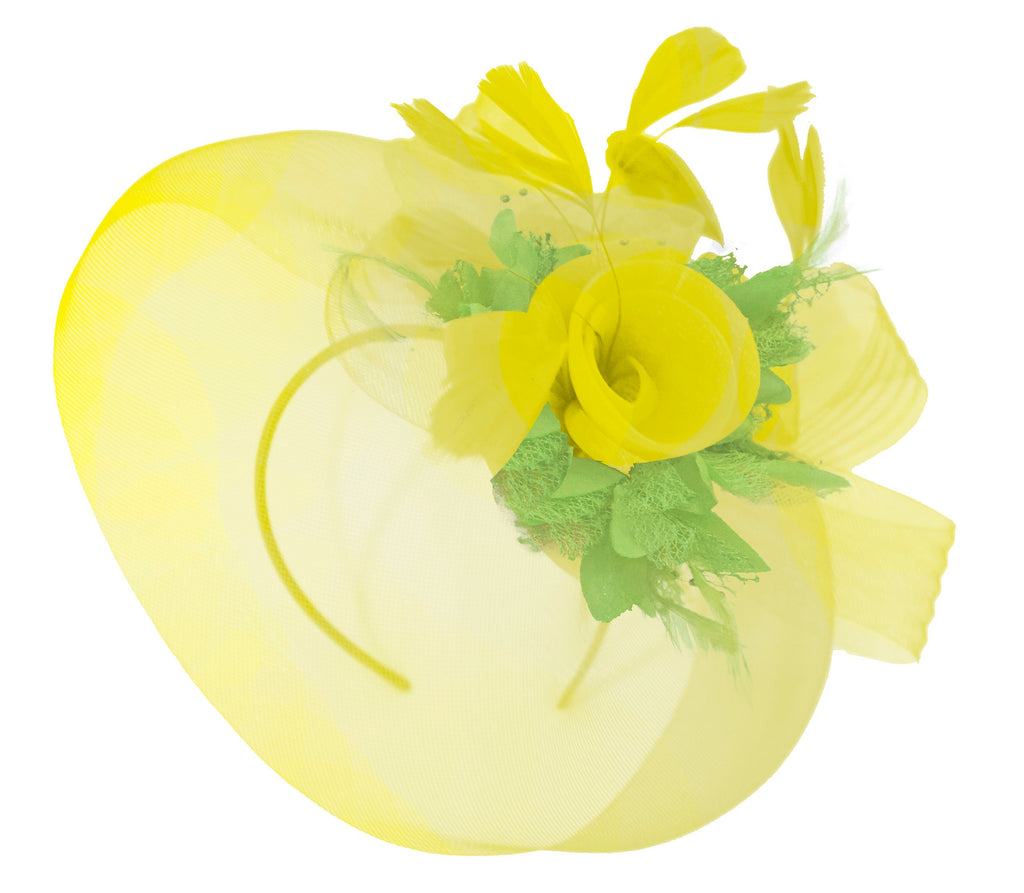 Caprilite Yellow and lime Green Fascinator on Headband Veil UK Wedding Ascot Races Hatinator