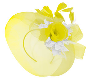 Caprilite Yellow and White on Headband Veil UK Wedding Ascot Races Hatinator