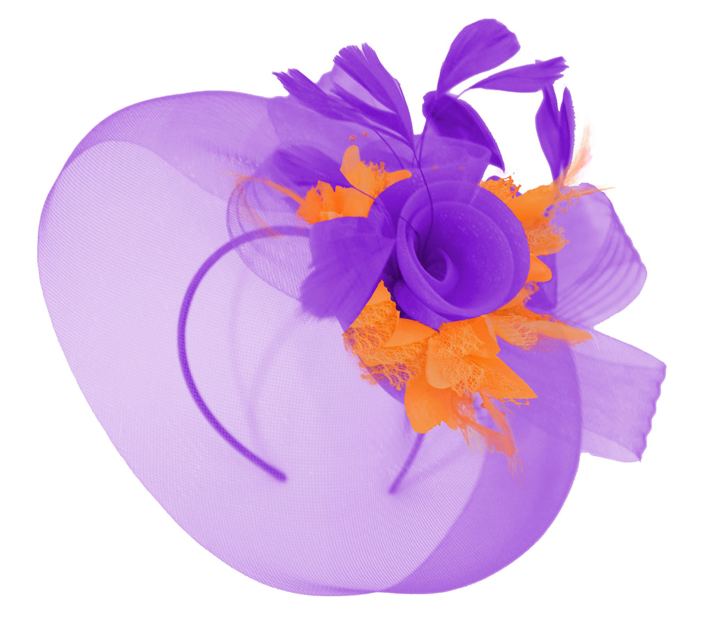 Caprilite Purple and Orange Fascinator on Headband Veil UK Wedding Ascot Races Hatinator