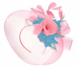 Caprilite Baby Pink and Aqua on Headband Veil UK Wedding Ascot Races Hatinator