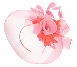 Caprilite Baby Pink and Coral on Headband Veil UK Wedding Ascot Races Hatinator