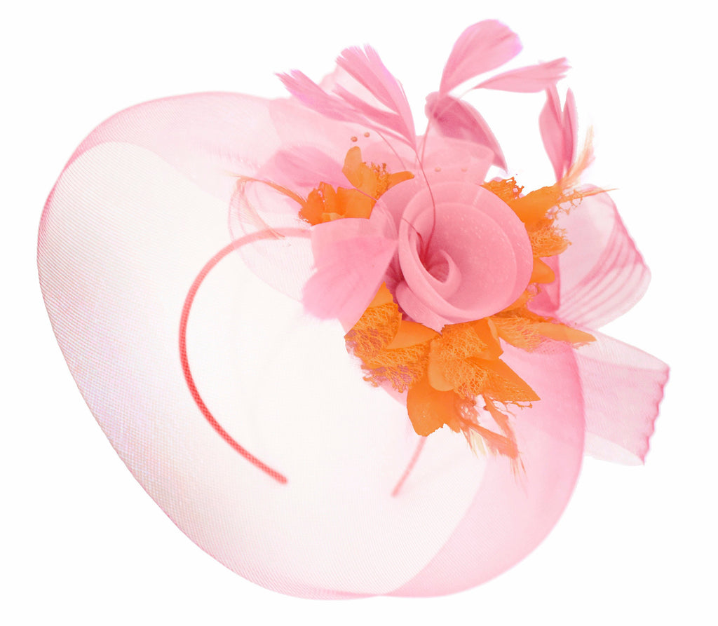 Caprilite Baby Pink and Orange on Headband Veil UK Wedding Ascot Races Hatinator