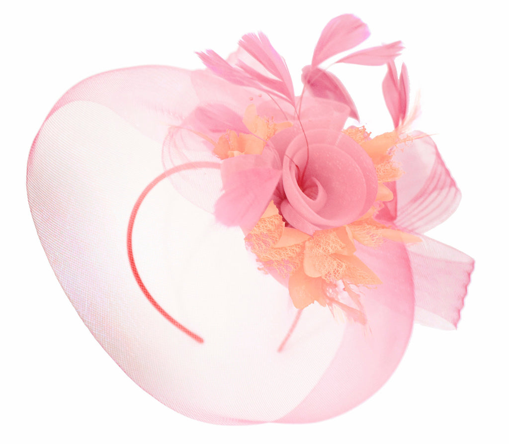 Caprilite Baby Pink and Peach on Headband Veil UK Wedding Ascot Races Hatinator