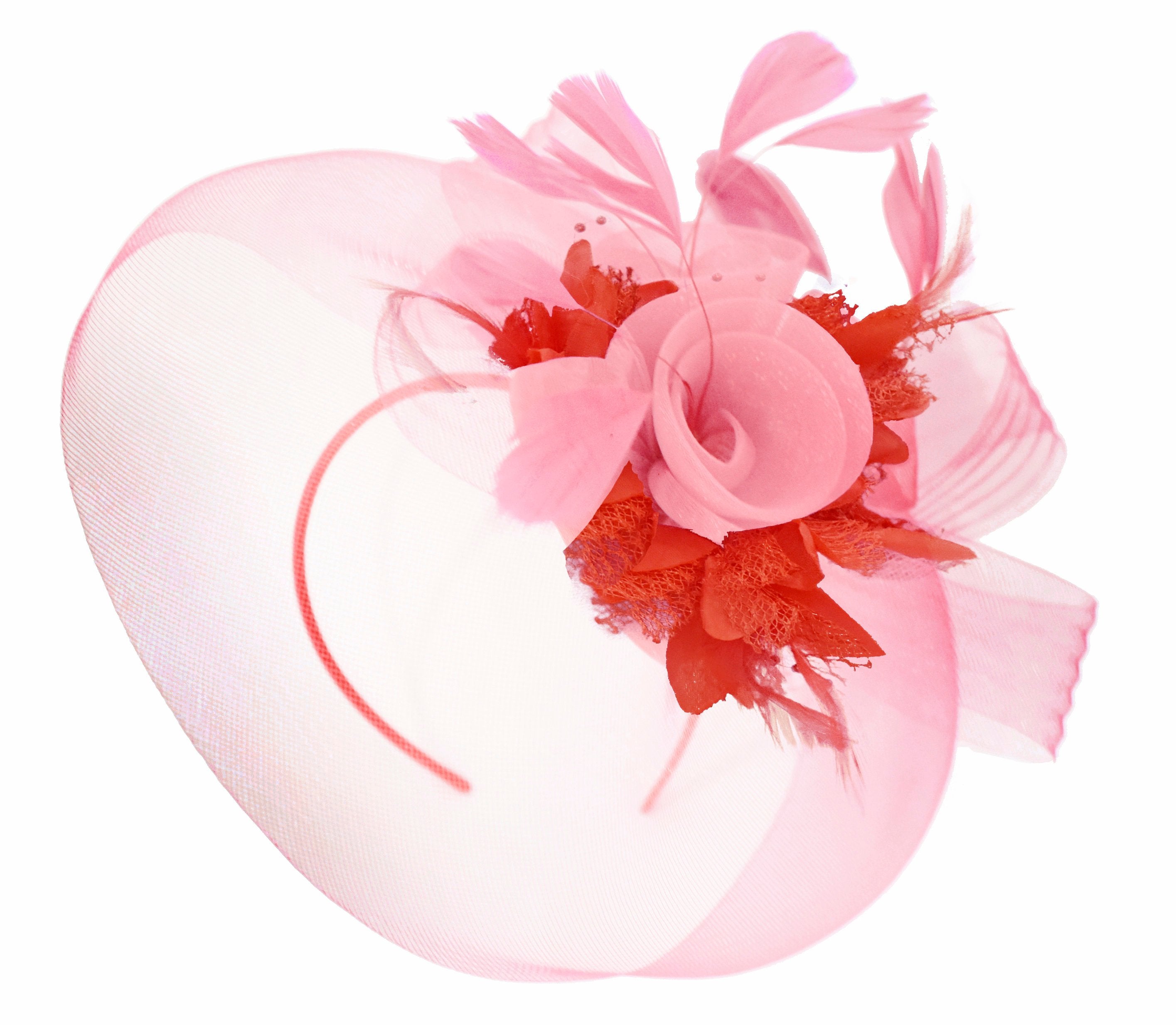 Caprilite Baby Pink and Red on Headband Veil UK Wedding Ascot Races Hatinator