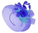 Caprilite Big Royal Blue and Aqua Fascinator Hat Veil Net Hair Clip Ascot Derby Races Wedding Headband Feather Flower