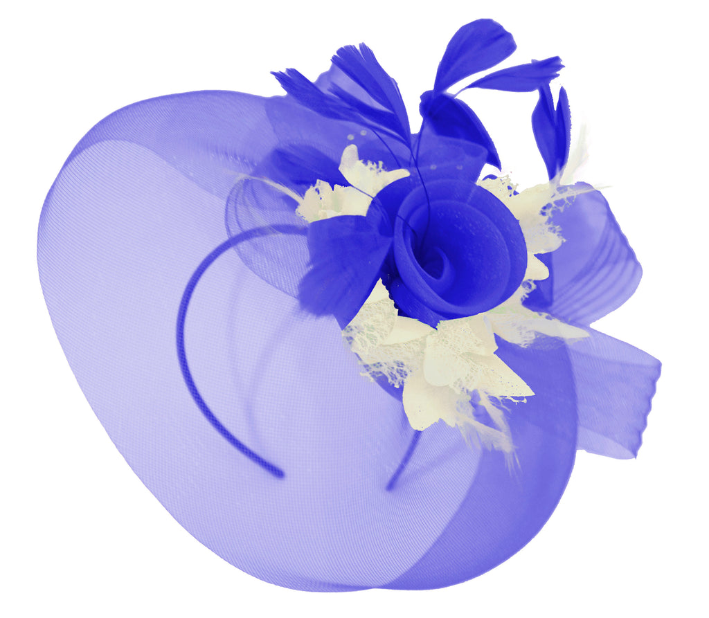 Caprilite Big Royal Blue and Cream Fascinator Hat Veil Net Hair Clip Ascot Derby Races Wedding Headband Feather Flower