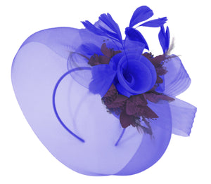 Caprilite Big Royal Blue and Dark Purple Fascinator Hat Veil Net Hair Clip Ascot Derby Races Wedding Headband Feather Flower