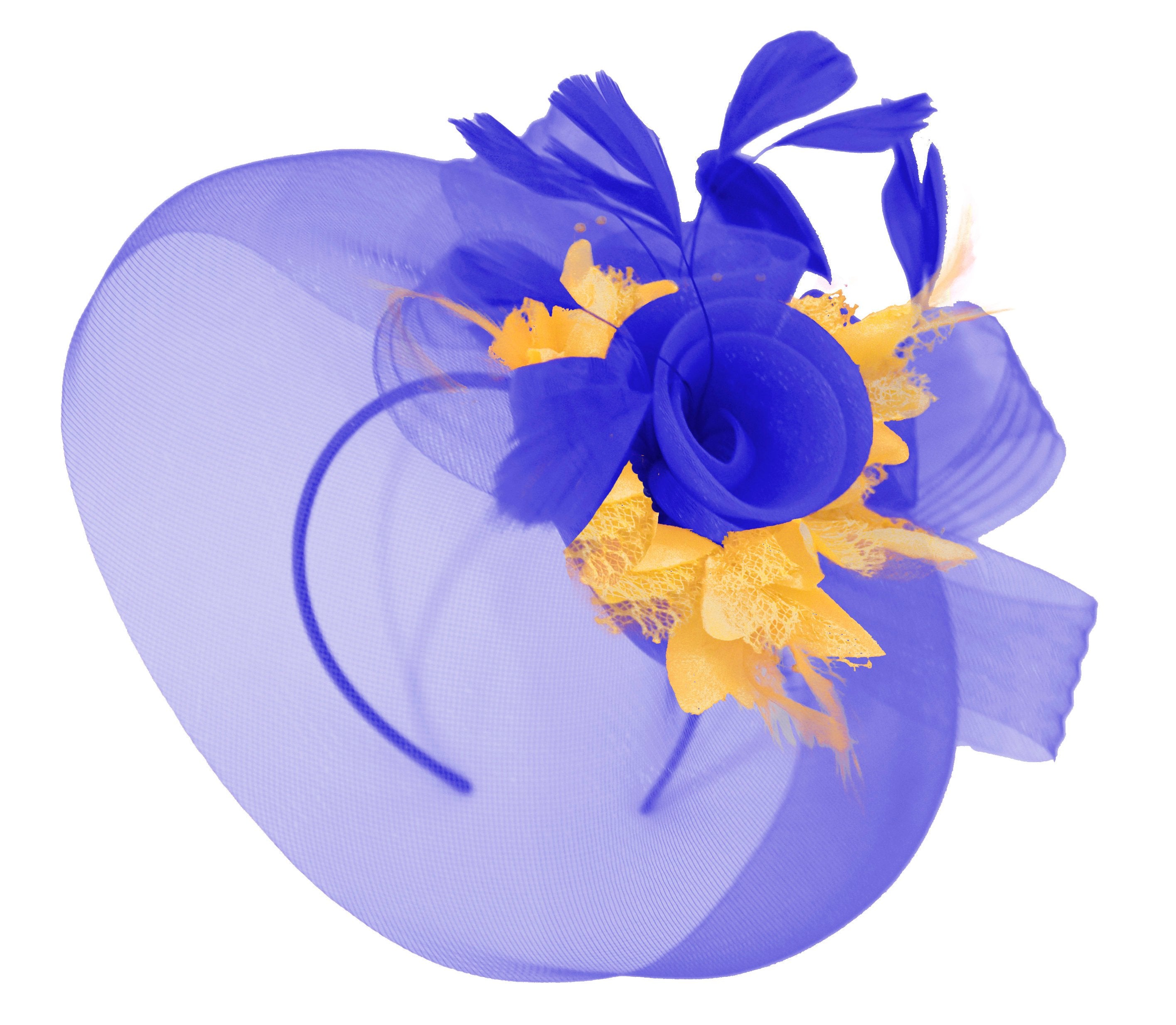 Caprilite Big Royal Blue and Gold Fascinator Hat Veil Net Hair Clip Ascot Derby Races Wedding Headband Feather Flower
