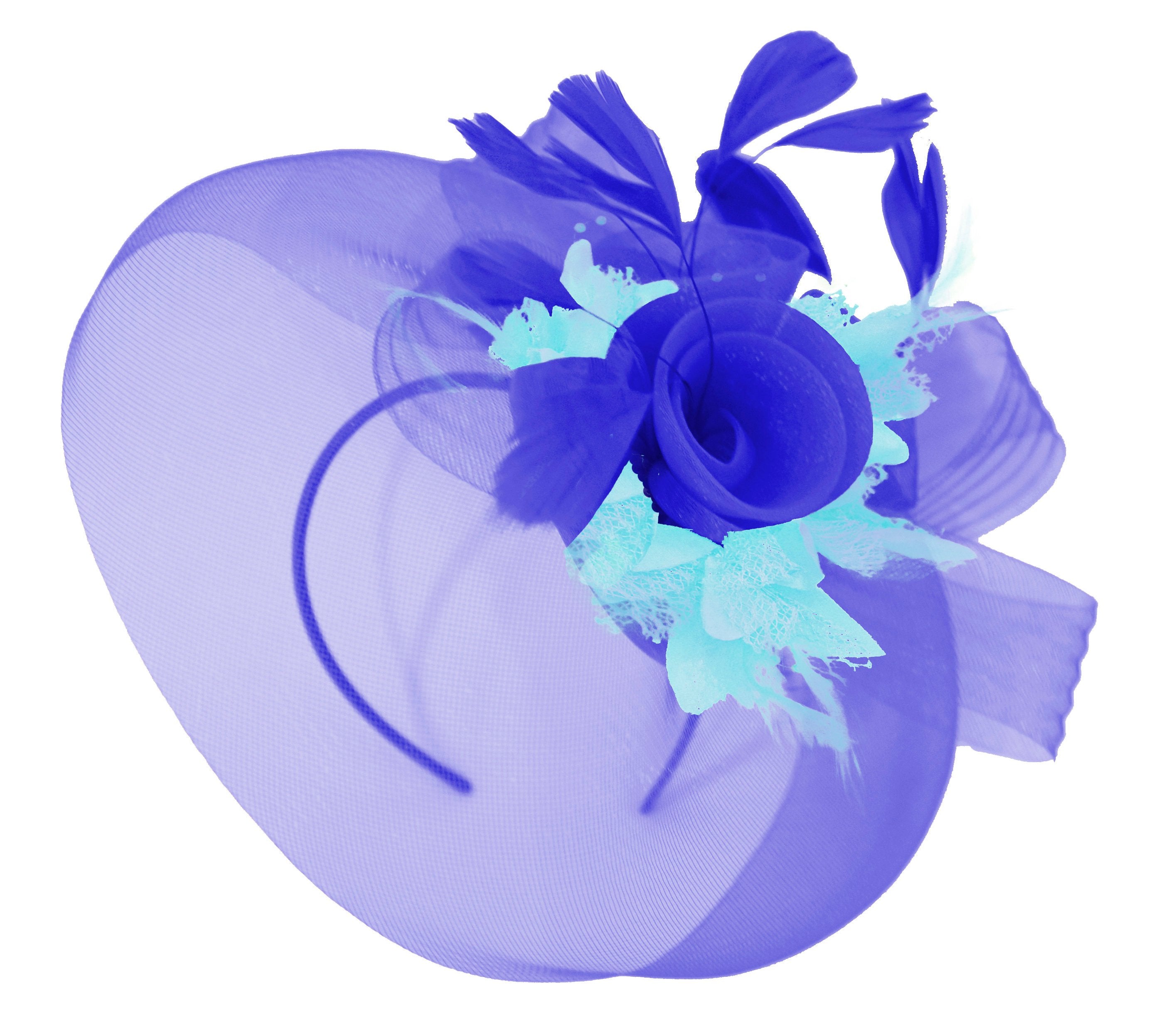 Caprilite Big Royal Blue and Light Aqua Fascinator Hat Veil Net Hair Clip Ascot Derby Races Wedding Headband Feather Flower