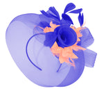 Caprilite Big Royal Blue and Peach Fascinator Hat Veil Net Hair Clip Ascot Derby Races Wedding Headband Feather Flower