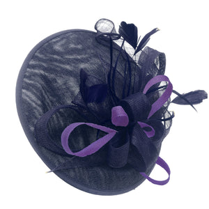 Caprilite Big Saucer Sinamay Navy Blue & Lavender Purple Mixed Colour Fascinator On Headband
