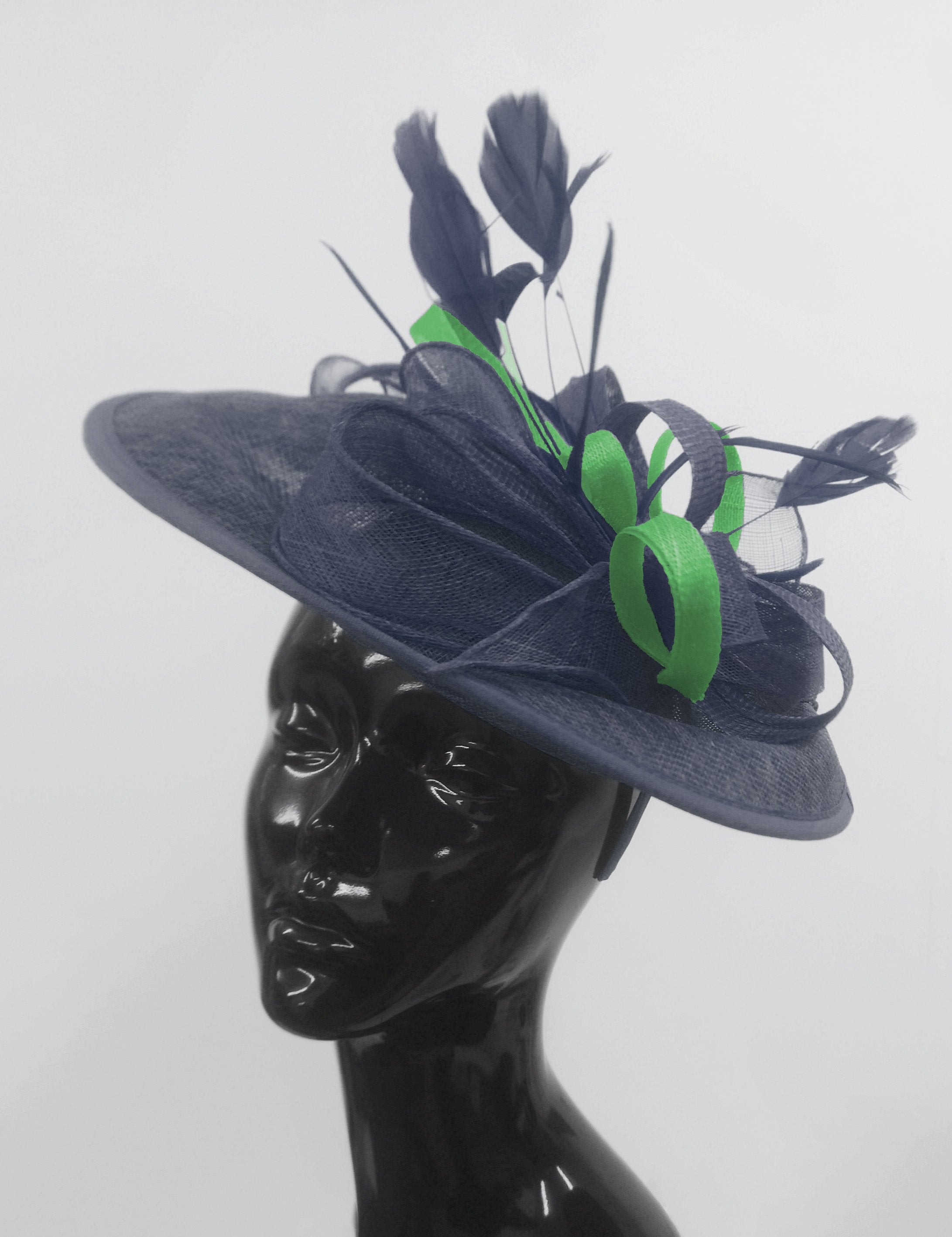 Caprilite Big Saucer Sinamay Navy Blue & Green Mixed Colour Fascinator On Headband