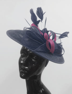 Caprilite Big Saucer Sinamay Navy Blue & Plum Mixed Colour Fascinator On Headband