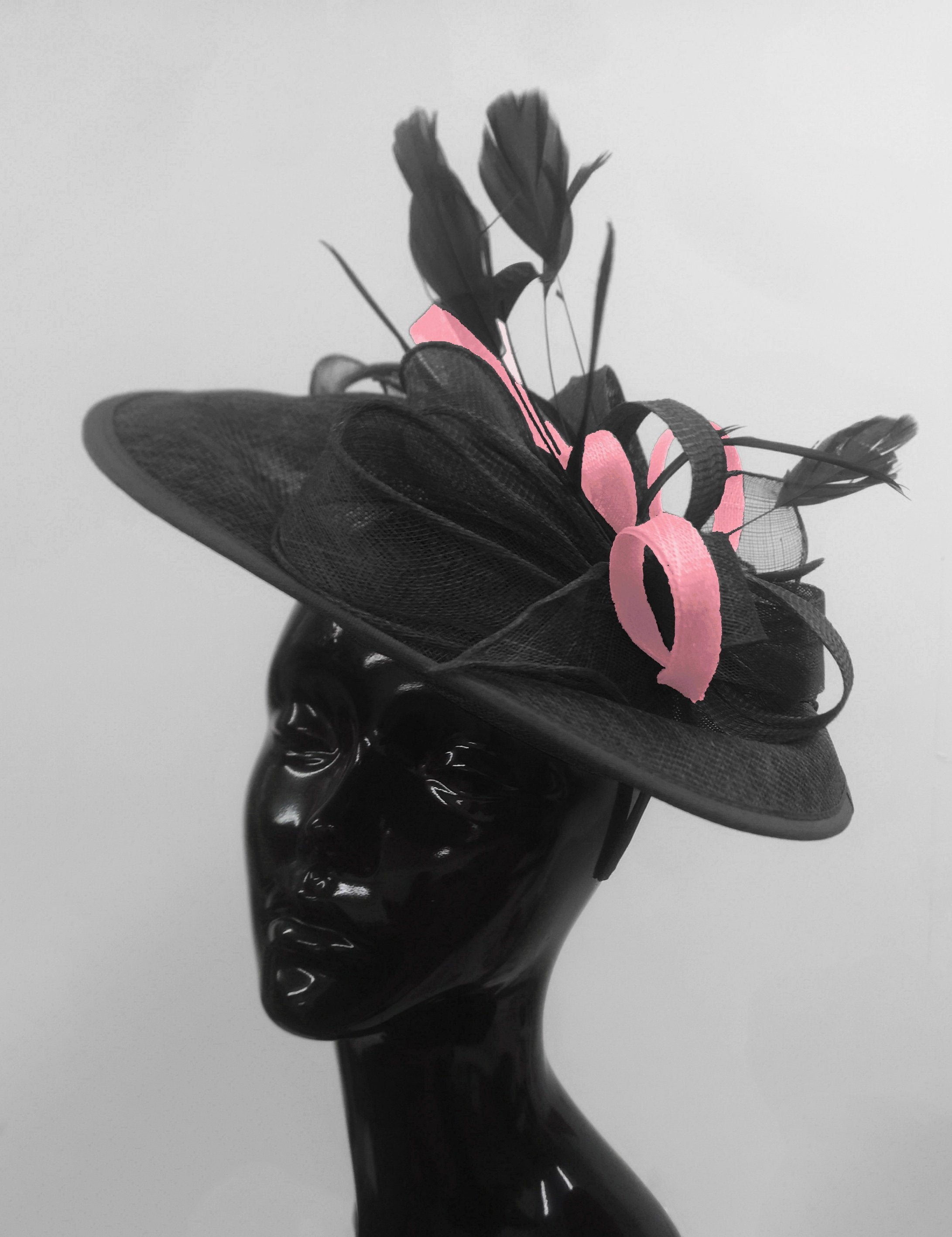 Caprilite Big Saucer Sinamay Black & Baby Pink Mixed Colour Fascinator On Headband